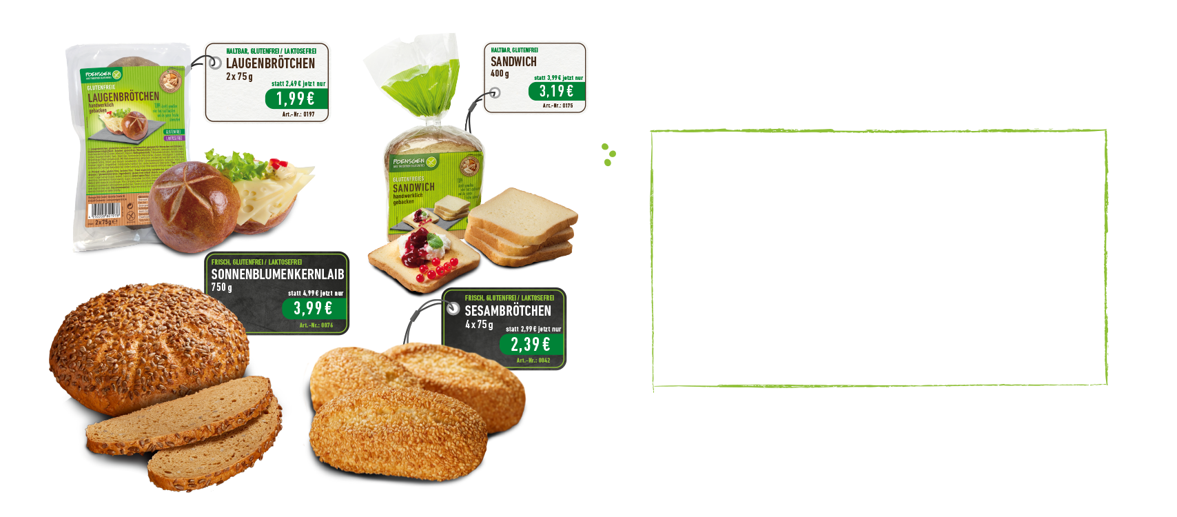 Dieses Bild zeigt die aktuellen Angebotsprodukte. Sesambrötchen, Körnerlaib, Laugenbrötchen und Sandwich.