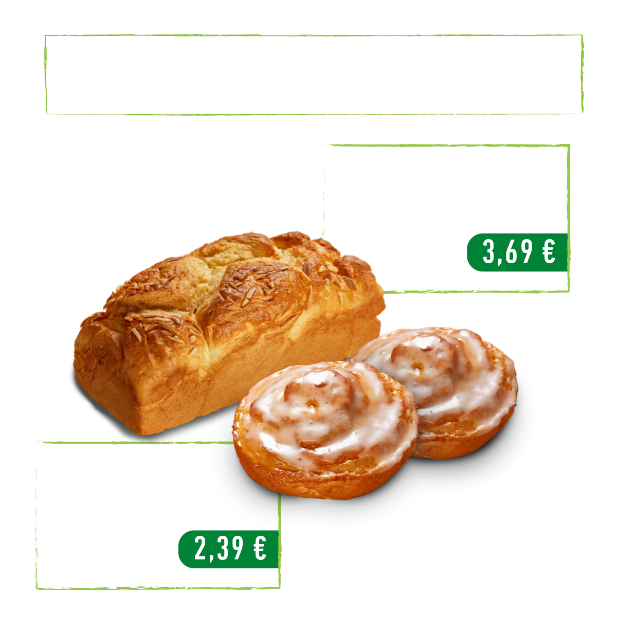 Dieses Bild zeigt die aktuellen Preisknaller. Zimtschnecken für 2,39€ und Mandelstuten für 3,69€