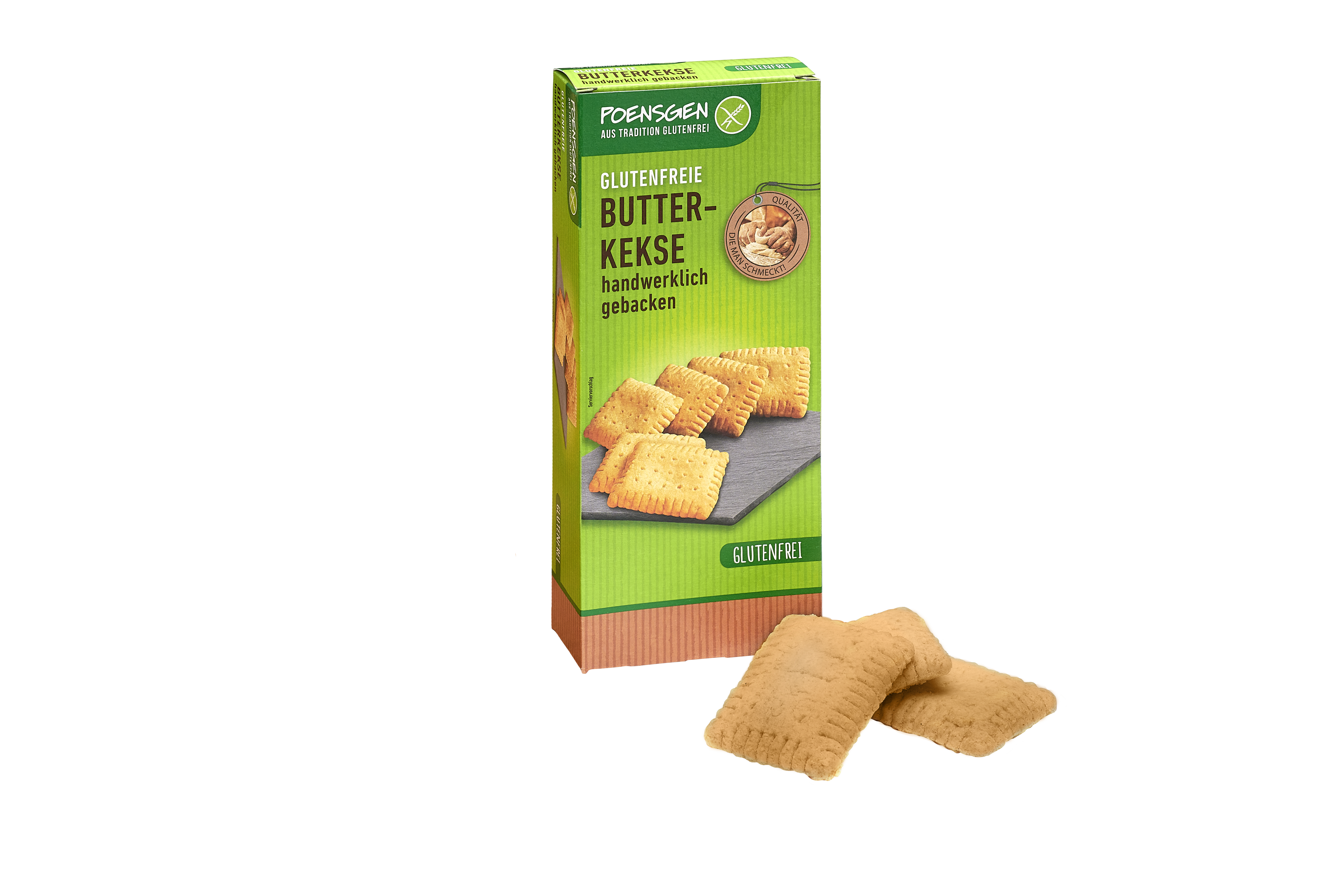 Poensgen glutenfreie Butterkekse Drei goldbraun gebackene glutenfreie Butterkekse neben der Poensgen Produktpackung