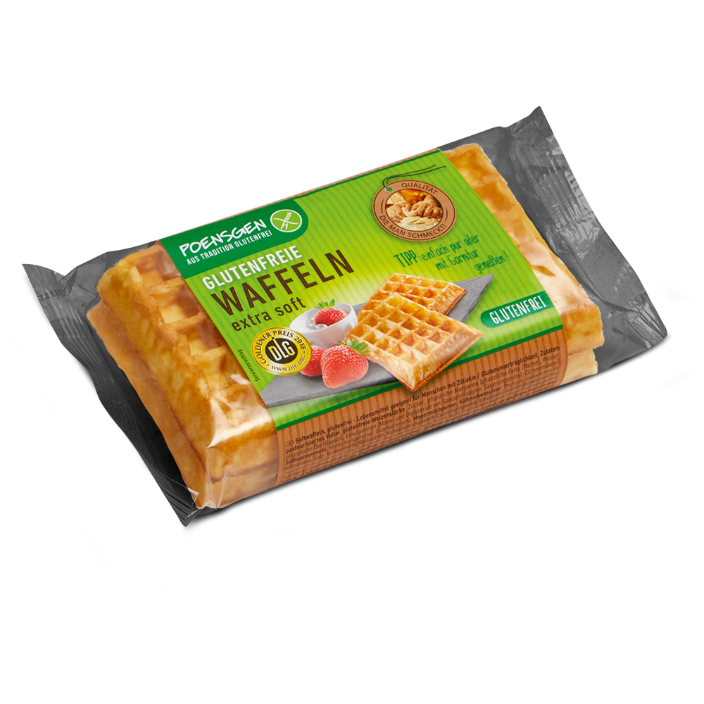 Poensgen glutenfreie Softwaffeln 100g Zwei goldgelbe glutenfreie Softwaffeln in Produktverpackung mit grünem Poensgen Etikett