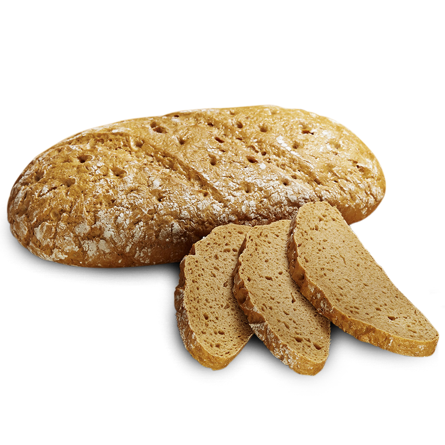 Poensgen glutenfreies, laktosefreies Sauerteigbrot, 750 g Ein ovaler Laib frisches, glutenfreies, laktosefreies Sauerteigbrot, daneben zwei Scheiben