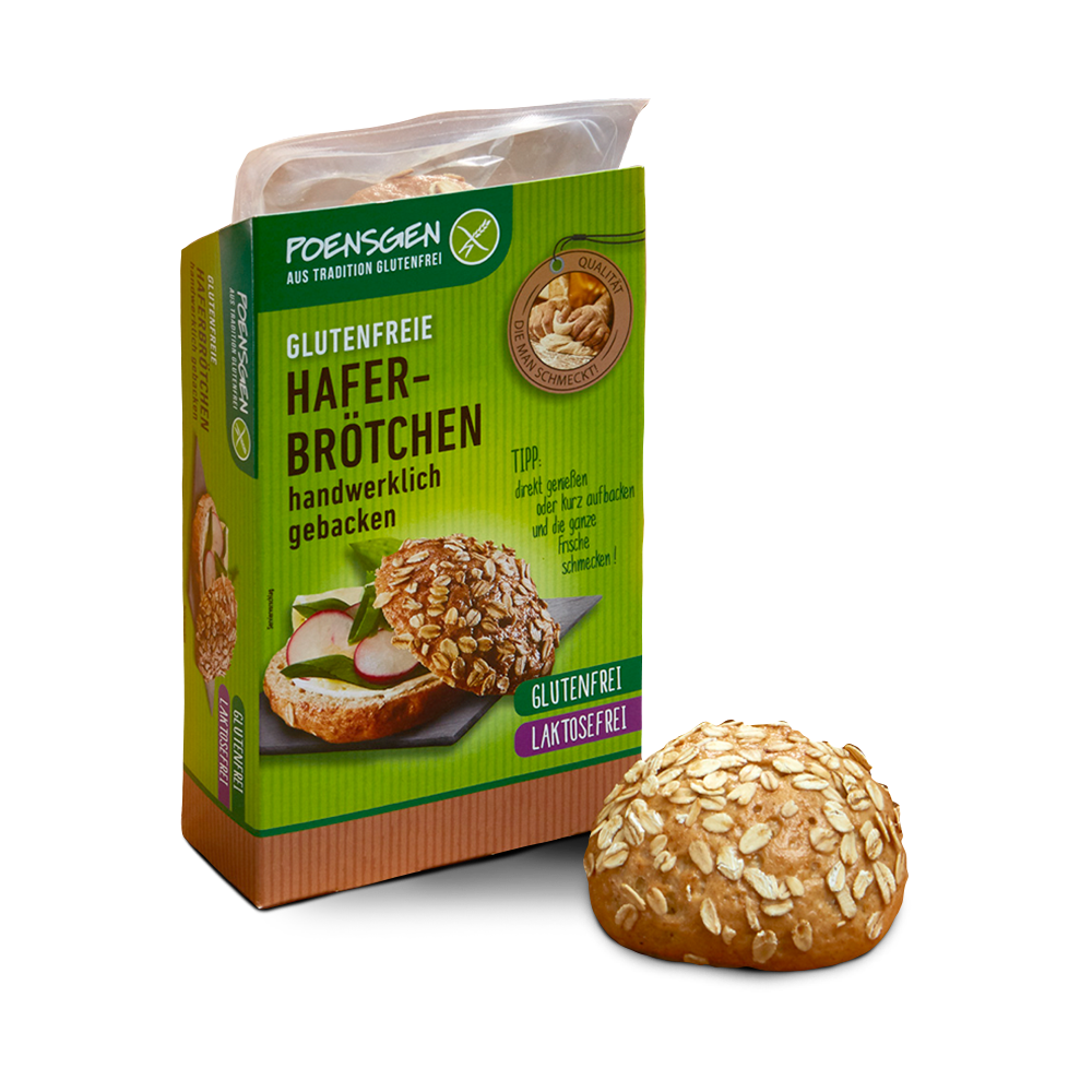 Poensgen glutenfreie, laktosefreie Haferbrötchen, 2 x 75 g Plastikverpackung mit grün-braunem Etikett für das Poensgen glutenfreie Haferbrötchen, ein Haferbrötchen, bedeckt mit Haferflocken liegt davor