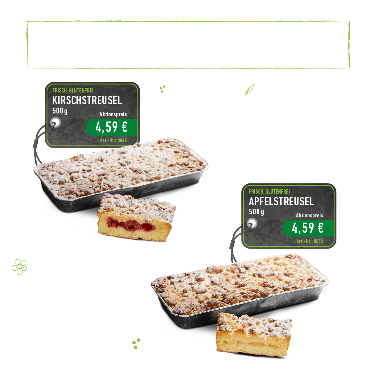 Preisknaller 1. Juli bis 31. August: glutenfreier Apfelstreusel und glutenfreier Kirschstreusel