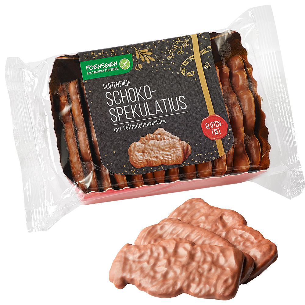 Poensgen glutenfreier Schokospekulatius 175g Drei mit Schokolade überzogene Spekulatius-Kekse neben der Produktverpackung mit dunklem, festlichen Etikett