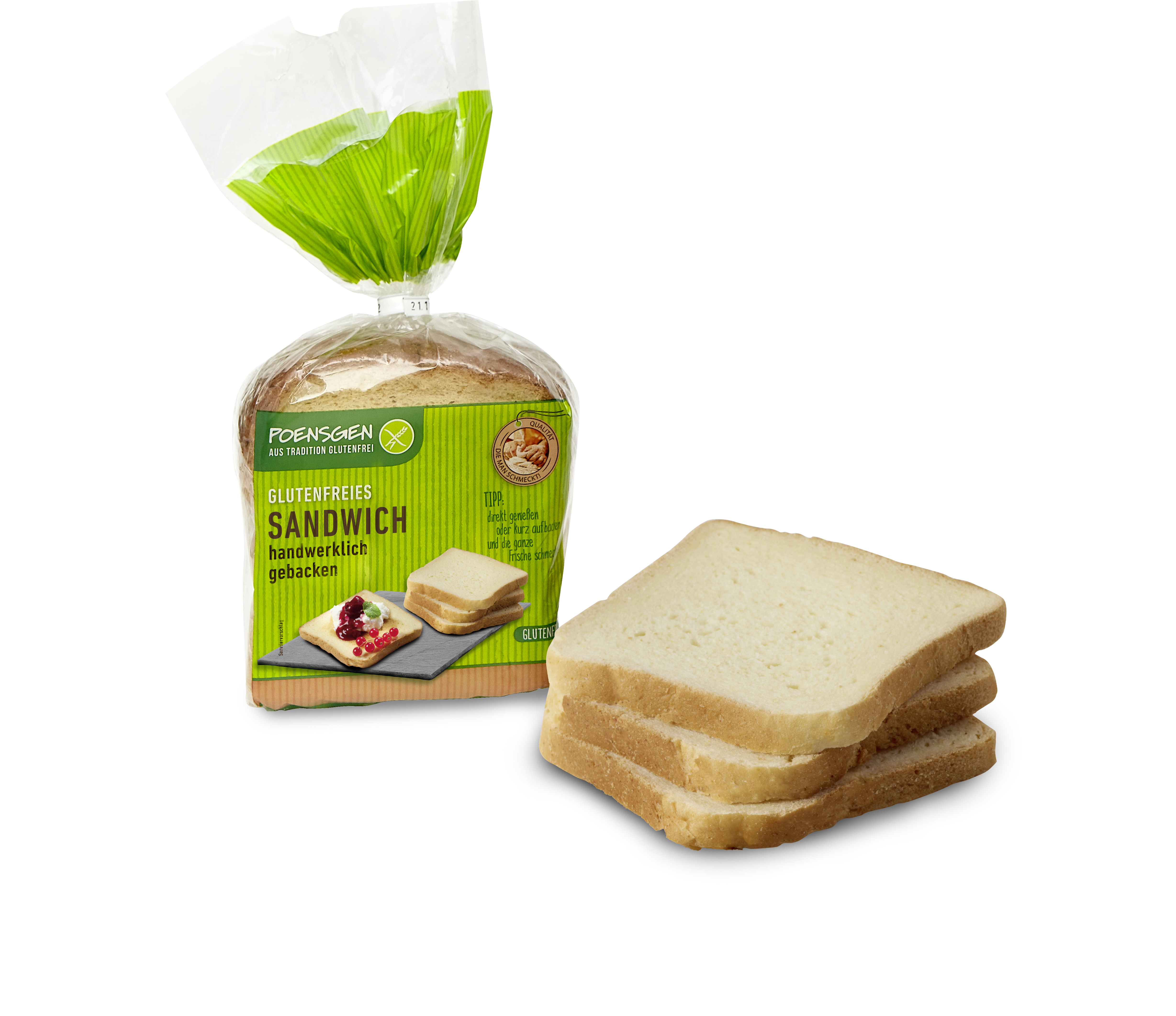 Poensgen glutenfreies Sandwich 400g Drei helle Sandwichscheiben, daneben eine Produktpackung "Sandwich" im typischen grünen Poensgen-Design