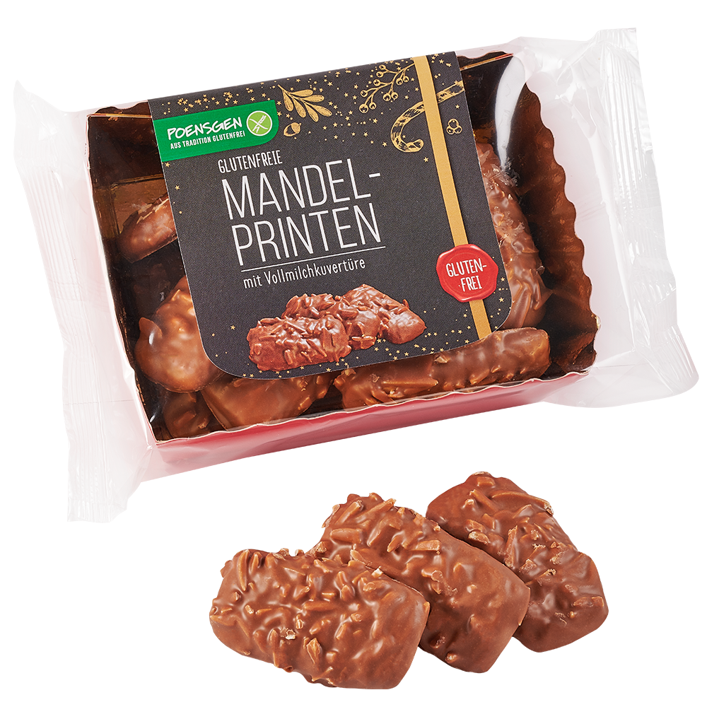 Poensgen glutenfreie Mandel-Printen 175g Drei mit Vollmilch-Schokolade und Mandeln überzogene Printen neben der Produktverpackung mit dunklem, festlichen Etikett