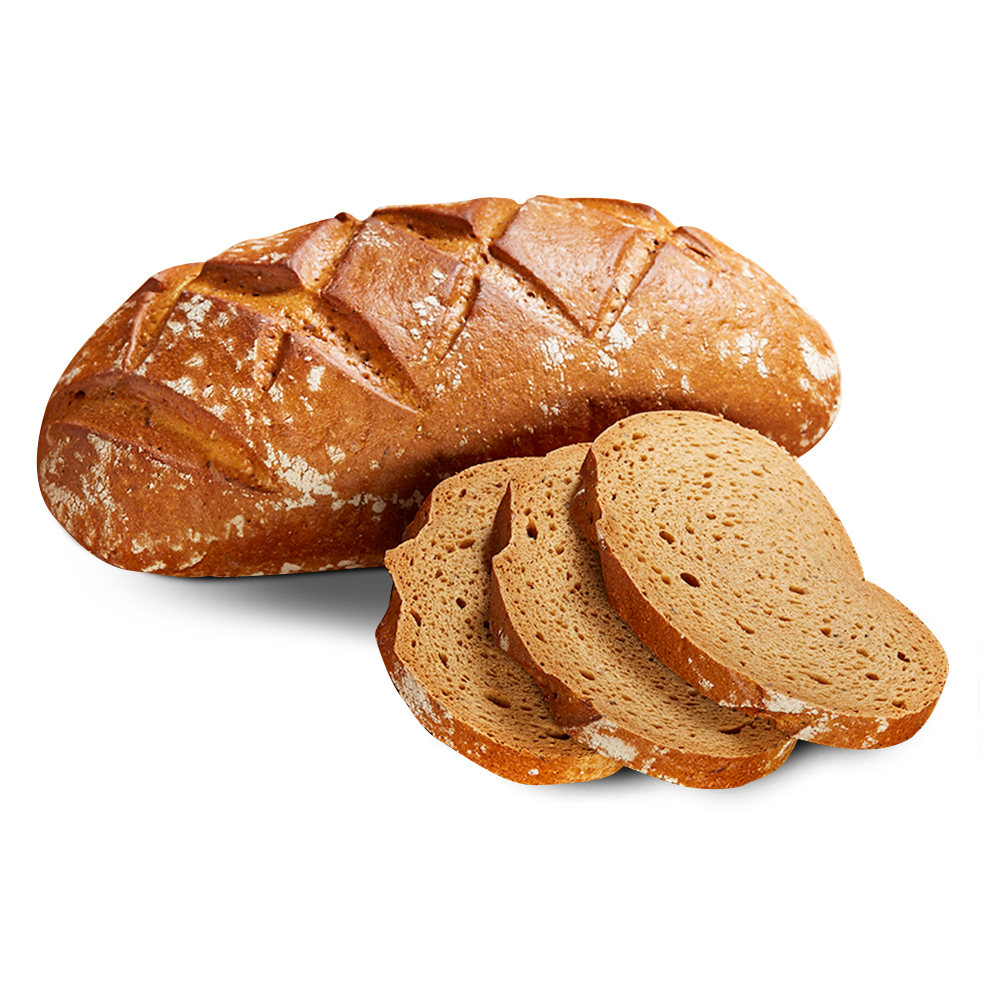 Poensgen glutenfreies Bergsteigerbrot Ein ovaler Laib frisches, glutenfreies Bergsteigerbrot, daneben drei Scheiben