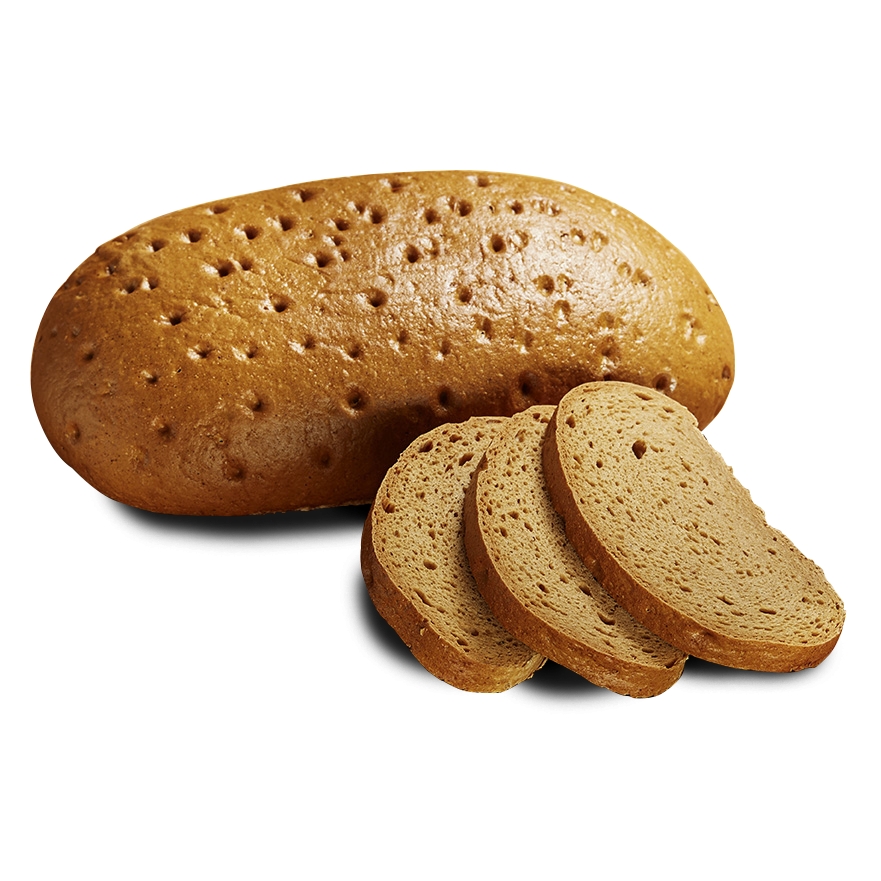 Poensgen glutenfreies dunkles Brot Ein ovaler Laib frisches, glutenfreies, dunkles Brot, daneben drei Scheiben