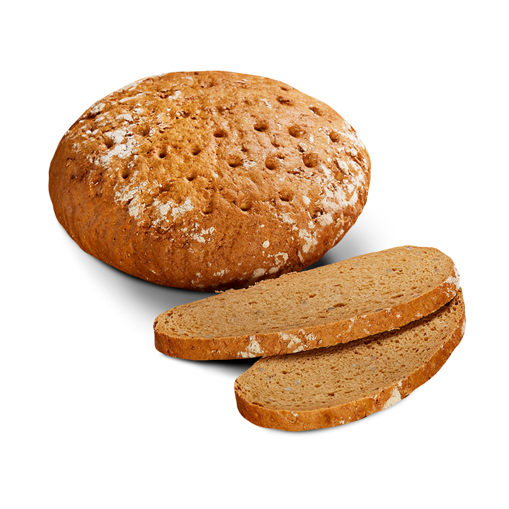 Poensgen glutenfreies Eifler Ein runder Laib frisches, glutenfreies, laktosefreies Eifler, daneben zwei Scheiben