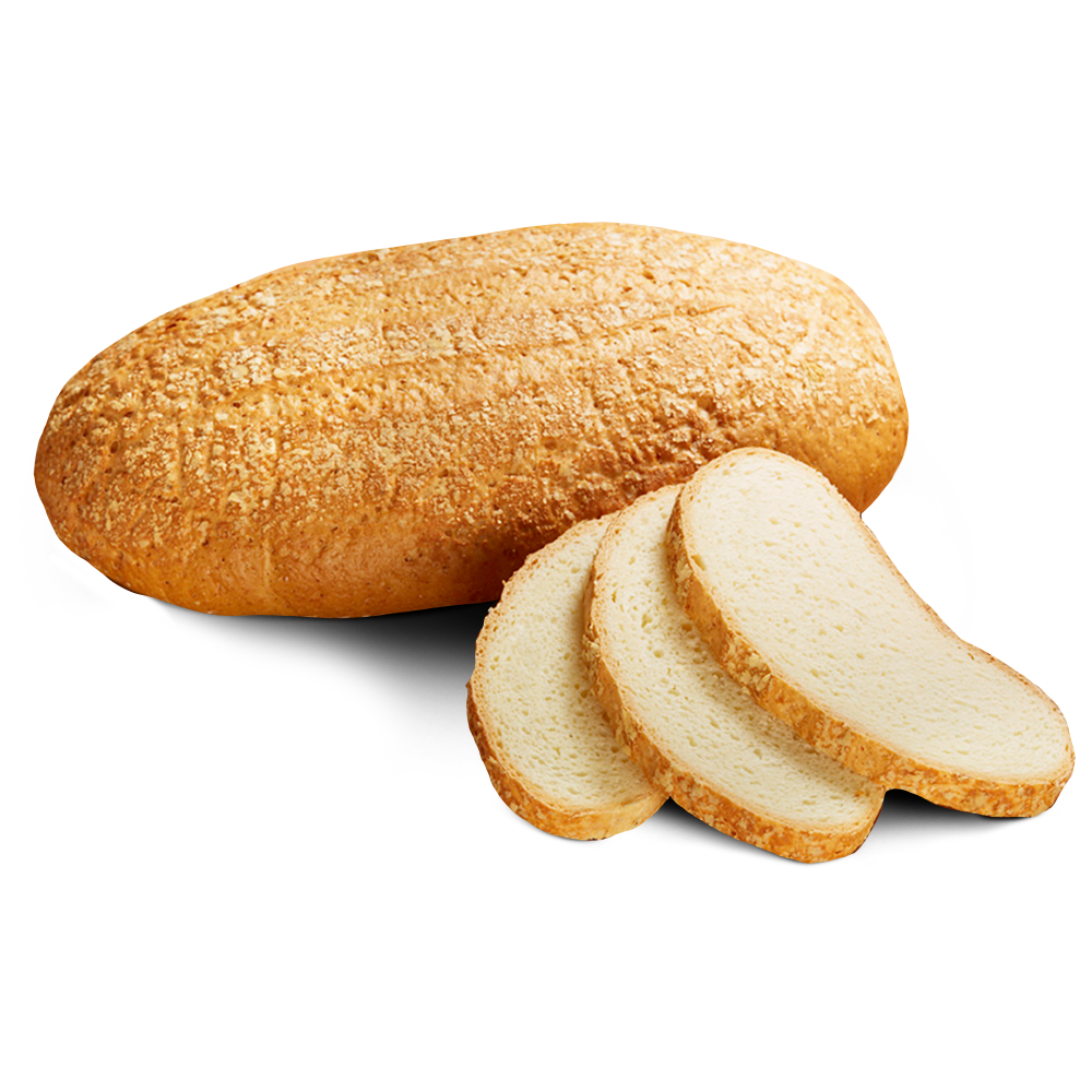 Poensgen glutenfreies, laktosefreies Kartoffelbrot, 750 g Ein ovaler Laib frisches, glutenfreies Kartoffelbrot, daneben drei Scheiben