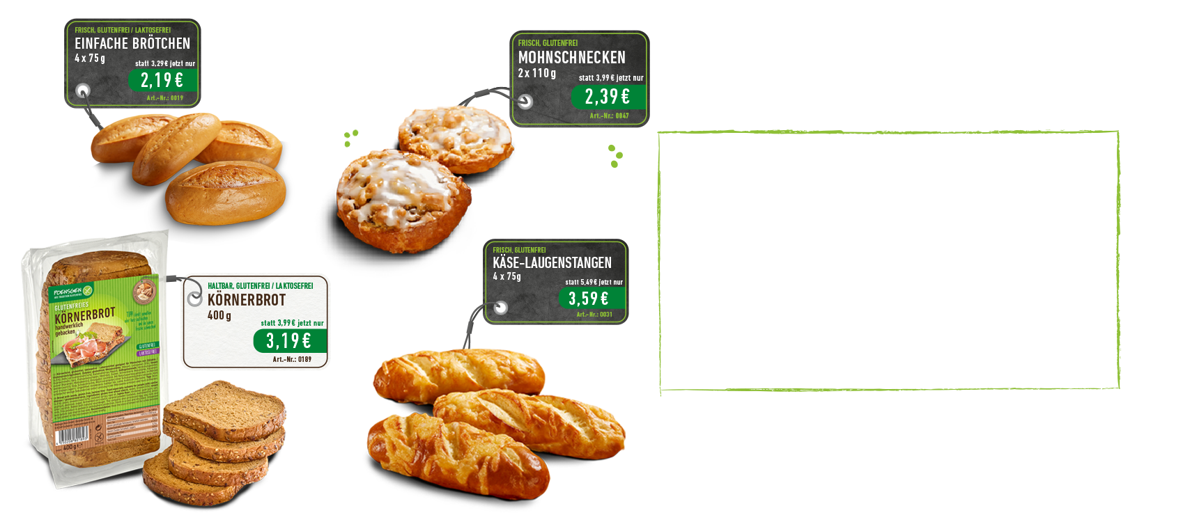 Brötchen glutenfrei, Käse-Laugenstangen glutenfrei, Körnerbrot glutenfrei, Mohnschnecken glutenfrei zum Angebotspreis
