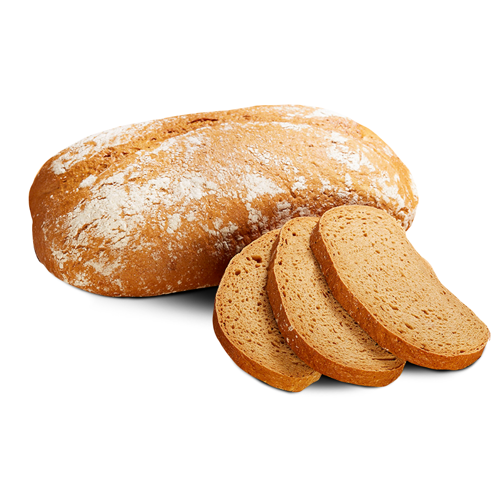Poensgen glutenfreies Buttermilchbrot, 750 g Ein ovaler Laib frisches, glutenfreies Buttermilchbrot, daneben drei Scheiben