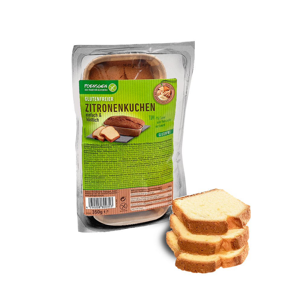 Poensgen glutenfreier Zitronenkuchen 350g Drei Scheiben Zitronenkuchen gestapelt neben der Produktverpackung mit einem ganzen Zitronenkuchen in einer Papierschale