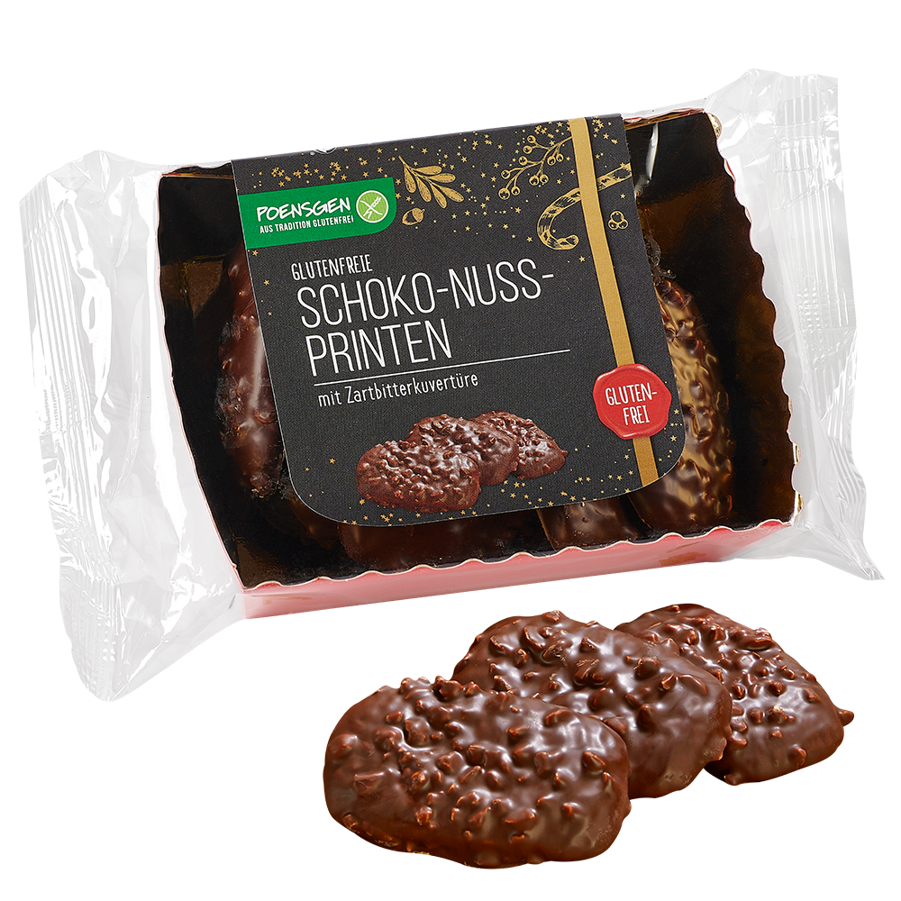 Poensgen glutenfreie Schoko-Nuss-Printen 175g Drei mit Zartbitter-Schokolade und Nusssplittern überzogene Printen neben der Produktverpackung mit dunklem, festlichen Etikett