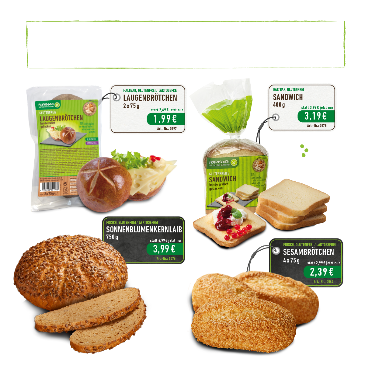Dieses Bild zeigt die aktuellen Angebotsprodukte. Sesambrötchen, Körnerlaib, Laugenbrötchen und Sandwich.