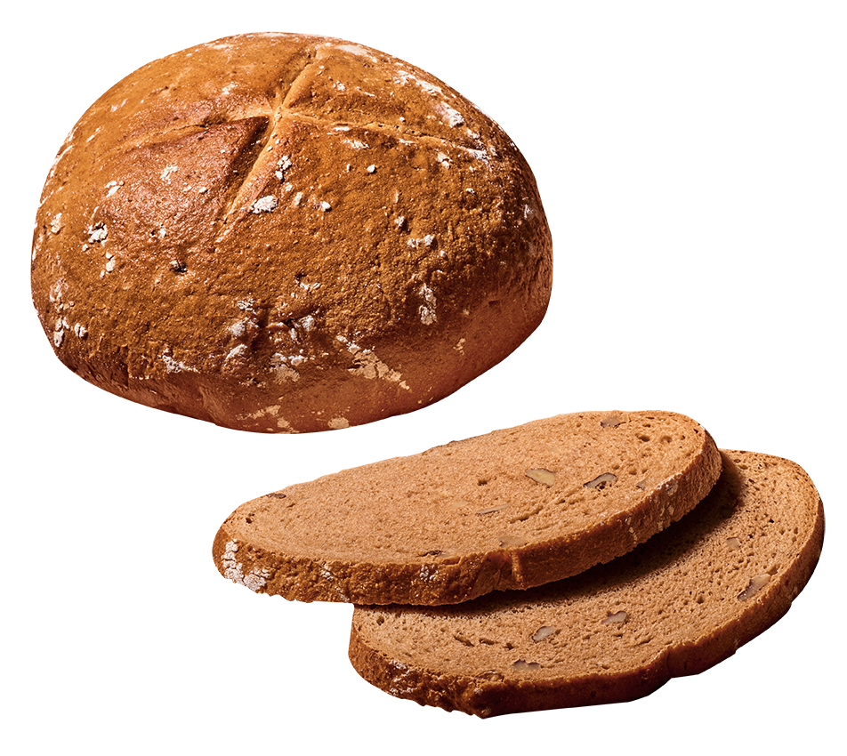 Poensgen glutenfreies Walnussbrot 750g Ein runder Laib frisches, glutenfreies, laktosefreies Walnussbrot, daneben zwei Scheiben mit sichtbaren Walnussstückchen