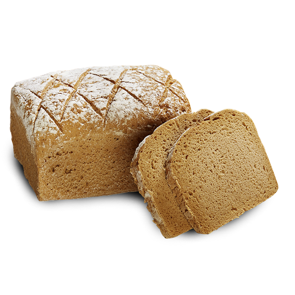 Poensgen glutenfreies, laktosefreies Hirtenbrot, 750 g Ein mit Mehl bestäubtes, kastenförmiges, glutenfreies, laktosefreies Hirtenbrot, zwei Scheiben daneben