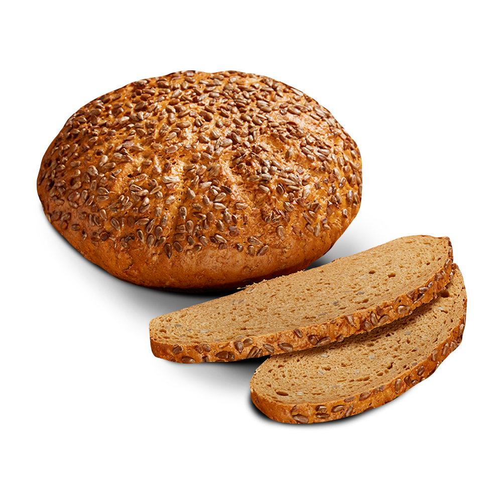 Poensgen glutenfreier Sonnenblumenkernlaib 750g Zwei mittelbraune Scheiben und ein runder Laib Sonnenblumenkernlaib mit vielen Sonnenblumenkernen oben drauf