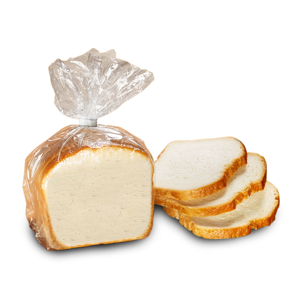 Poensgen glutenfreier, laktosefreier süßer Stuten, 400 g Drei helle Scheiben von Poensgen süßer Stuten, daneben die Produktverpackung, eine transparente Brottüte