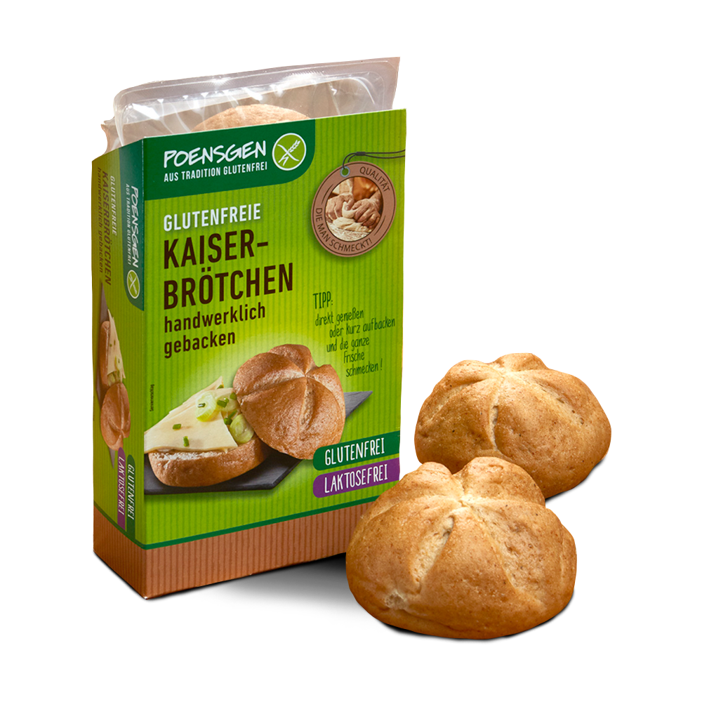 Poensgen glutenfreie Kaiserbrötchen, 2 x 75 g Zwei goldbraun gebackene glutenfreie, laktosefreie Kaiserbrötchen neben der Poensgen Produktpackung