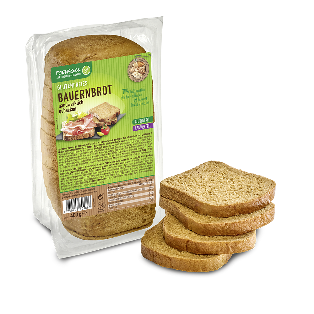 Bauernbrot in Verpackung mit Poensgen-Ettiket, 4 Scheiben Brot davor