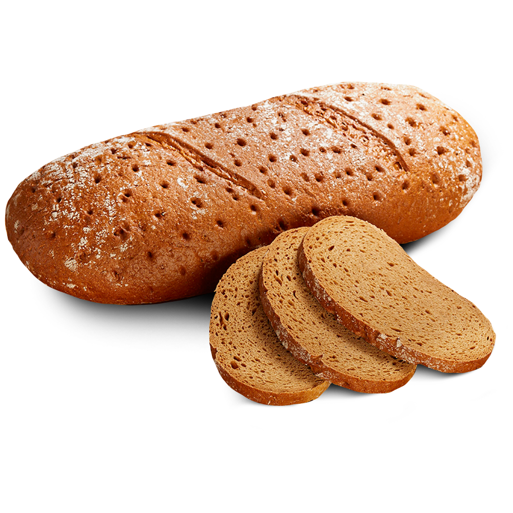 Poensgen glutenfreies Sauerteigbrot 1500g Drei mittelbraune Scheiben neben einem ganzen länglichen Laib glutenfreien Sauerteigbrots